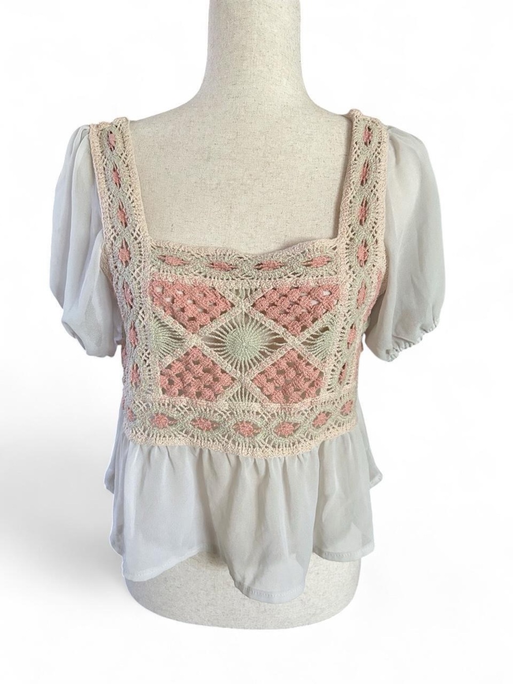 Crochet-Front Puff Sleeve Blouse in Pink and Cream Fairy Coquette